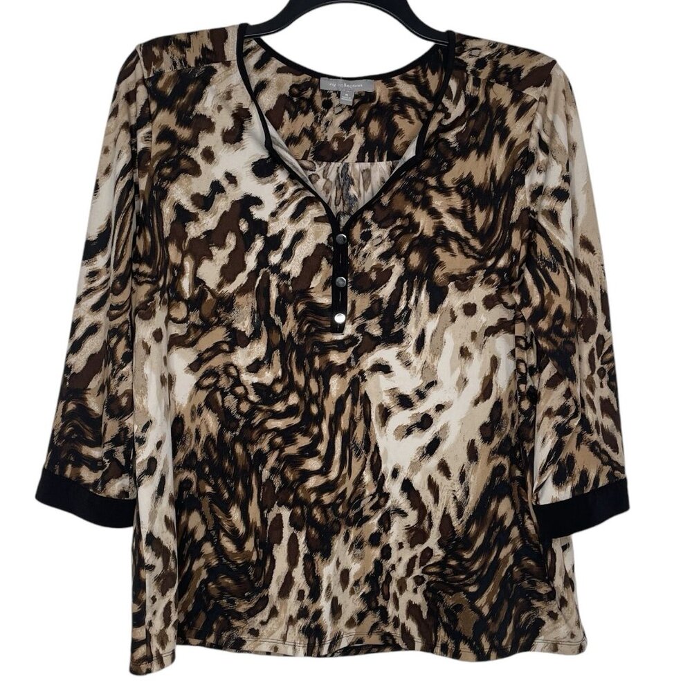 NY Collection Womens Blouse XL Animal Print V-Neck 3/4 Sleeve